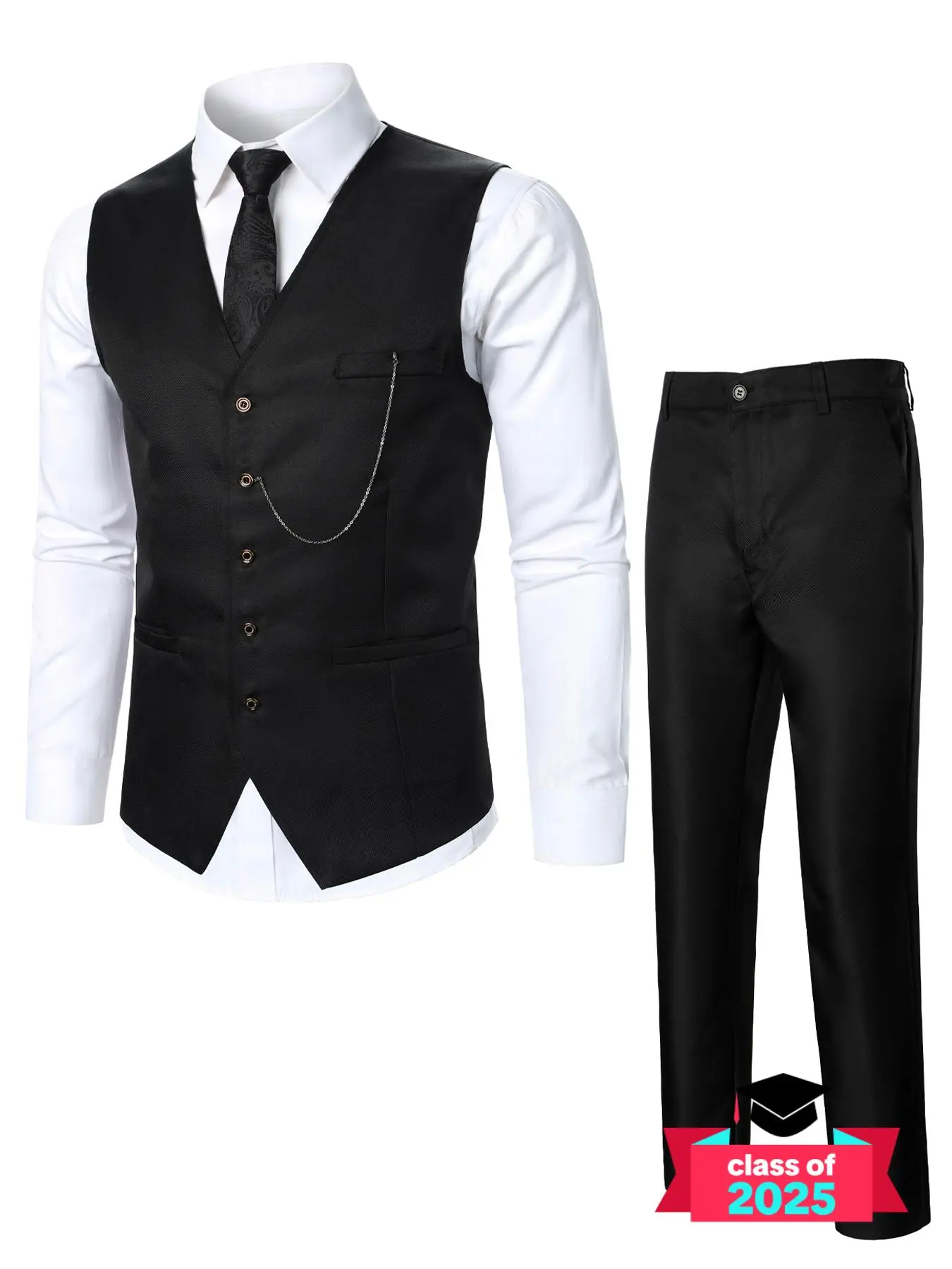 Two-piece Set Men's Solid Button Front Suit Vest & Pocket Pants Suit Set, Chain Decor V Neck Top & Trousers, Bespokesuit, Men's Formal Outfits for Work Office Business, Going Out Outfit, Tuxedo