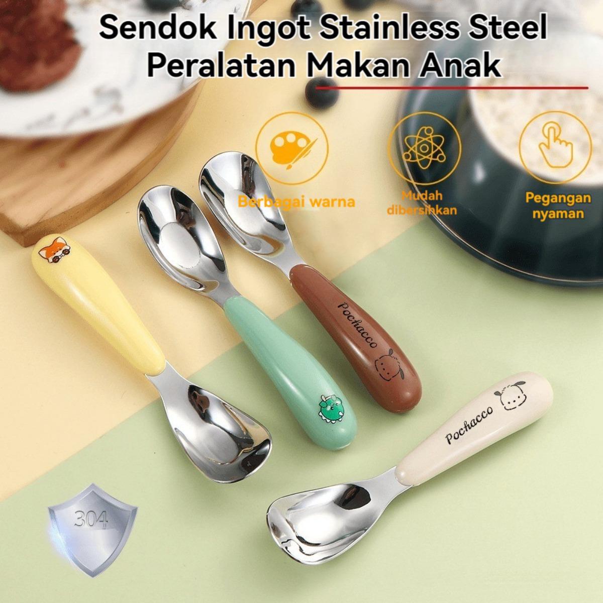 Set Sendok Garpu Bayi Stainless Steel dengan Kotak Gagang Silikon Lembut Set Alat Makan MPASI Anak Portable Travel Cutlery Set Sendok Garpu Sekolah Aman Anti Karat Ringan Higienis untuk Bayi Balita Belajar Makan Mandiri
