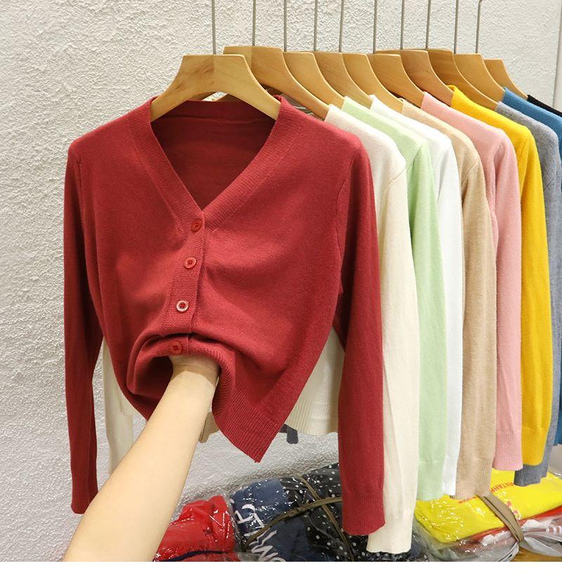 Product Introduction of Áo Khoác Cardigan Dệt Kim, Cổ Chữ V, Ngắn, Dành Cho Nữ, Hàng Mới Về Mùa Thu 2024, Màu Trơn Áo Len Bên Ngoài, Áo Len Dài Tay Women Top 13