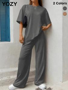 YOZY Women's Solid Drop Shoulder Short Sleeve Tee & Elastic Waist Pants Set, Casual Comfy Round Neck T-Shirt & Wide Leg Trousers for Daily Wear, Ladies Summer Clothes