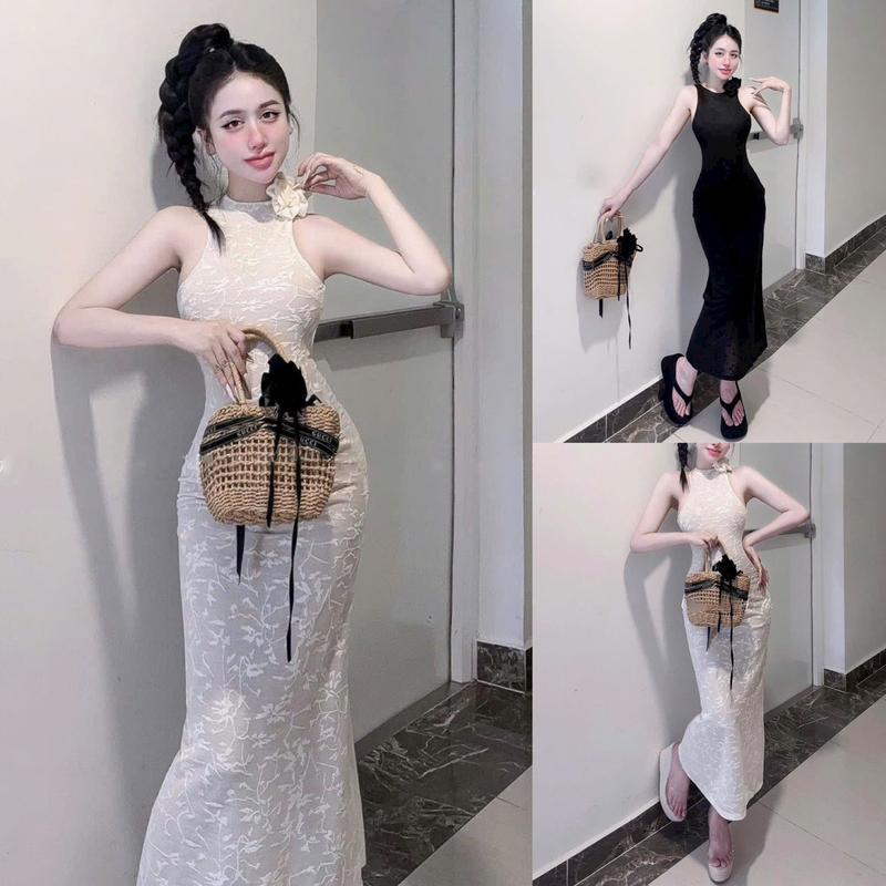 Đầm Ôm Body Thun Lưới Thêu Sát Nách Đính Bông Vai Nữ Tính Dịu Dàng Thanh Lịch Sang Trọng Dễ Thương. Women Dress Lệch Vai Màu Trắng