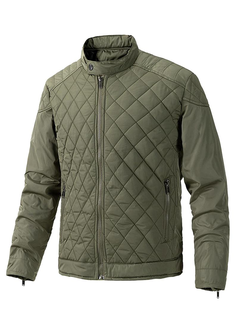 Product Introduction of Men's Solid Pocket Zipper Button Quilted Jacket, Regular Fit Casual Long Sleeve Stand Collar Outerwear for Fall & Winter, Men's Clothes for Daily Wear 5