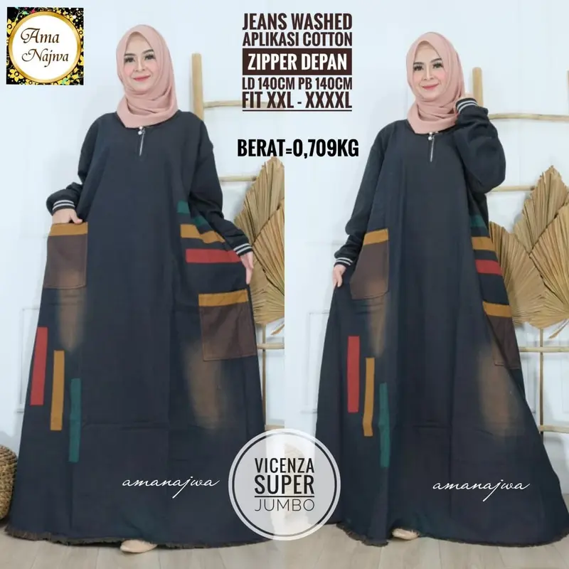 Gamis Jeans Wanita Muslim Panjang Terbaru dan Trendy Ld 140 cm Pb 140 cm Jumbo Size Zipper Depan Bawah Rawis Lengan Ribb Aplikasi Tempel Best Seller Recommended Fit High 0