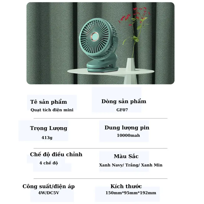Quạt tích điện mini 10000mah, quạt kẹp đa năng xoay 720 độ, 4 chế độ làm mát 4