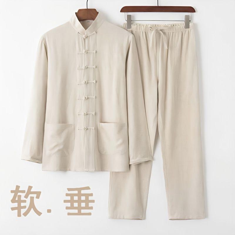 Bộ Đồ Tang Vải Lanh Cotton, Bộ Dài Tay Phong Cách Trung Quốc Cho Nam, Thiết Kế Cổ Điển Trung Quốc Có Cúc, Dáng Rộng Vừa Vặn, Thích Hợp Cho Nam Trung Người Già Và Cao Tuổi, Bộ Đồ Hình Thái Cực Quyền Trung Quốc, Có Sẵn Năm 2025 0