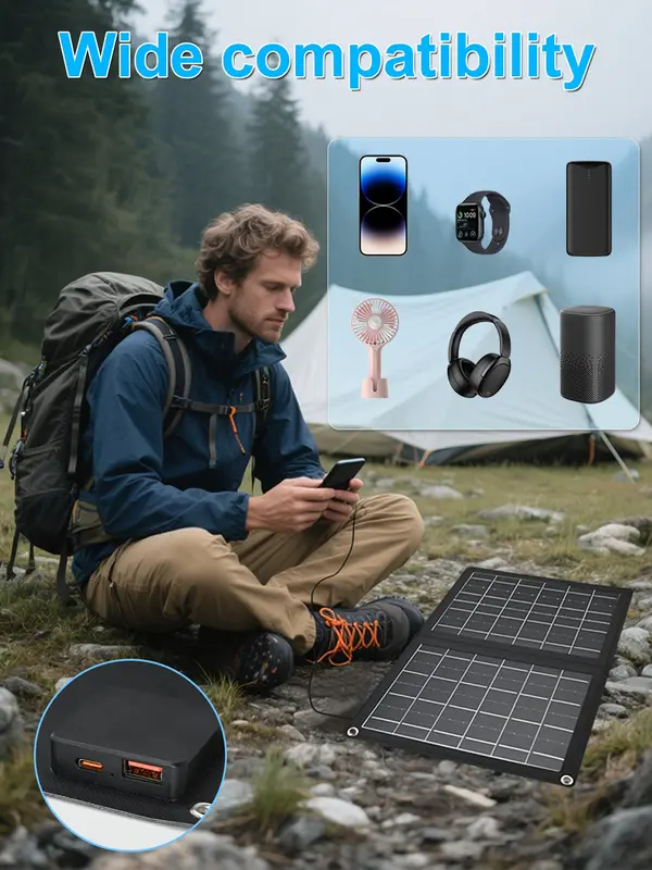 10W Foldable Solar Panel, 2 In 1 Solar Charger with Type C & USB Ports, Waterproof Solar Charging Equipment for Phone & Accessories 6