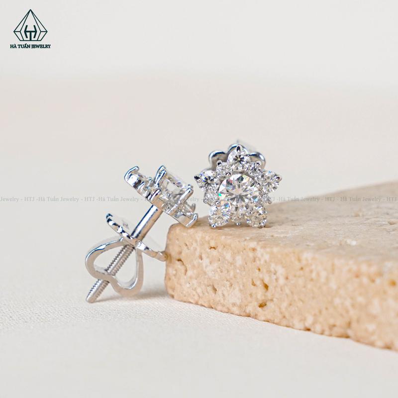 Bông Tai Bạc 925 Xi Kim FULL MOISSANITE Viên Chủ Đá Tấm 3.6mm EX159 Hà Tuấn Jewelry