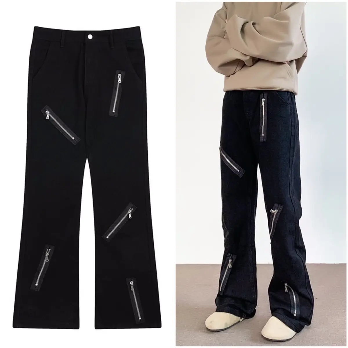 Quần Jeans ống rộng phối khoá kéo phong cách đường phố cho nam và nữ Menswear Pants quan bobig size  Có Túi