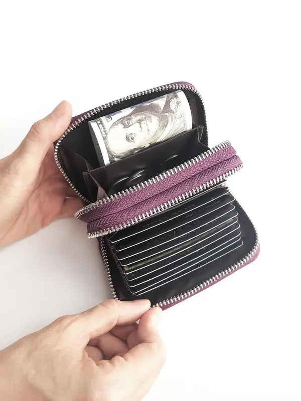 Women's Genuine Leather Wallet, Solid Color Zipper Card Holder, RFID Blocking Anti-theft Short Wallet, Fashionable Multi Card Slot Card Holder for Women & Girls, Small Purse for Daily Used 1