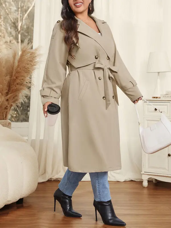 CURVZY Plus Size Solid Double Button Belted Trench Coat, Elegant Pocket Lapel Neck Long Sleeve Coat for Women, Women's Clothing for All Seasons 2