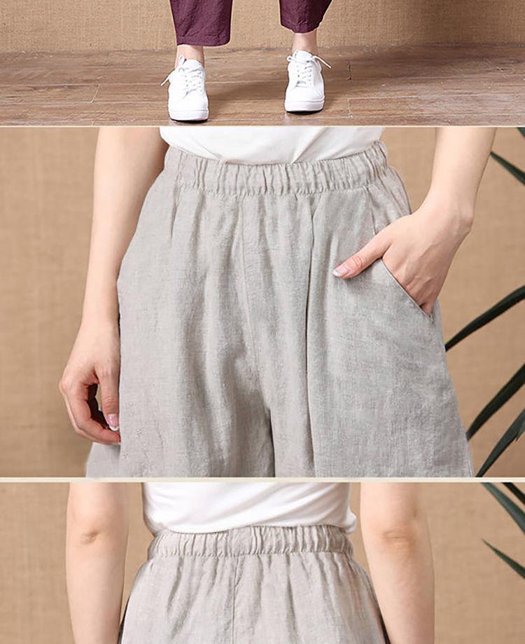 Product Introduction of 2025 Summer New Cotton Linen Long Pants for Women Loose Plus Size Wide Leg Pants High Waist Versatile Floor-Length Linen Pants rib  flares cutbray 11