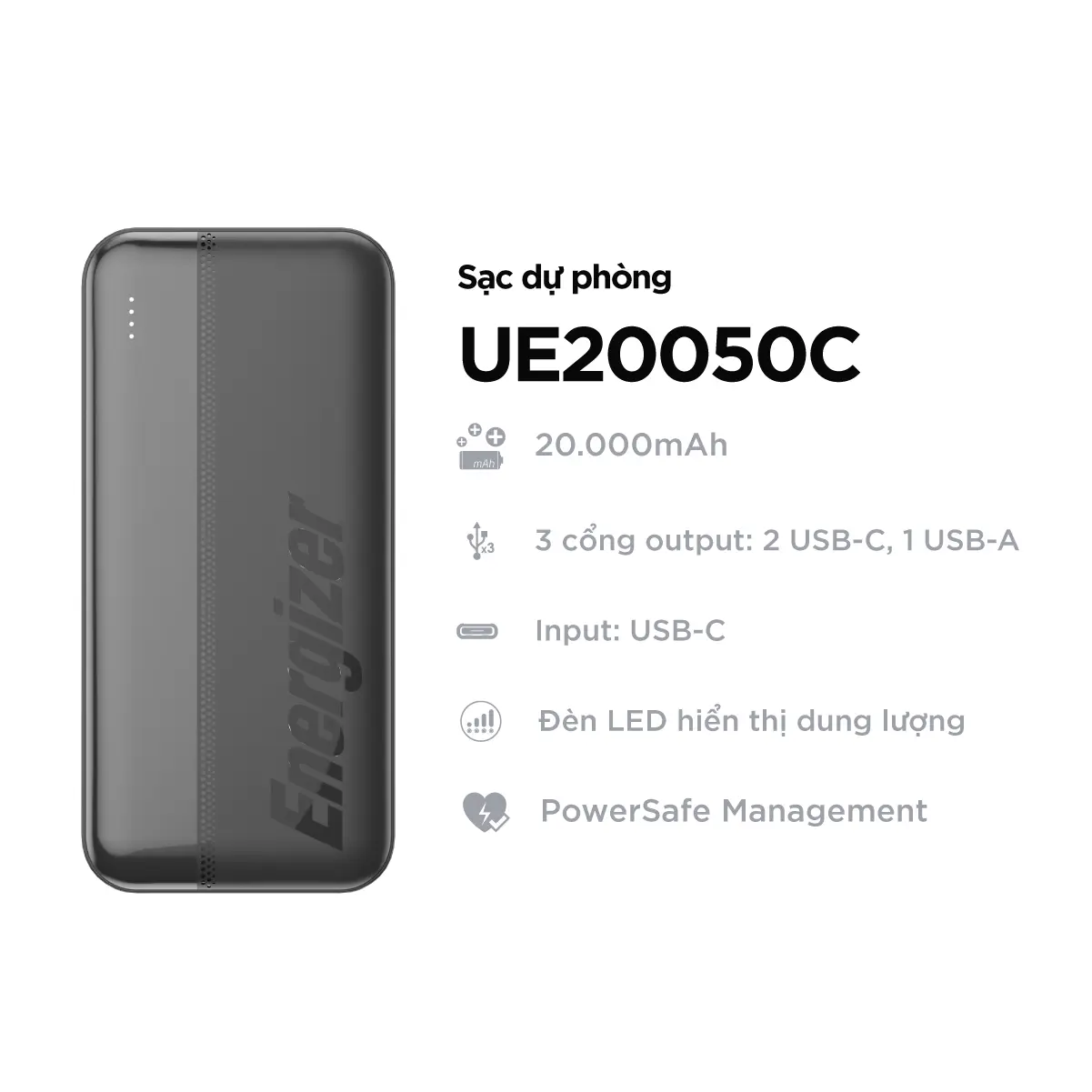Sạc dự phòng Energizer 20000mAh UE20050C - 3 cổng sạc ra tiện lợi, Hàng chính hãng, bảo hành 2 năm