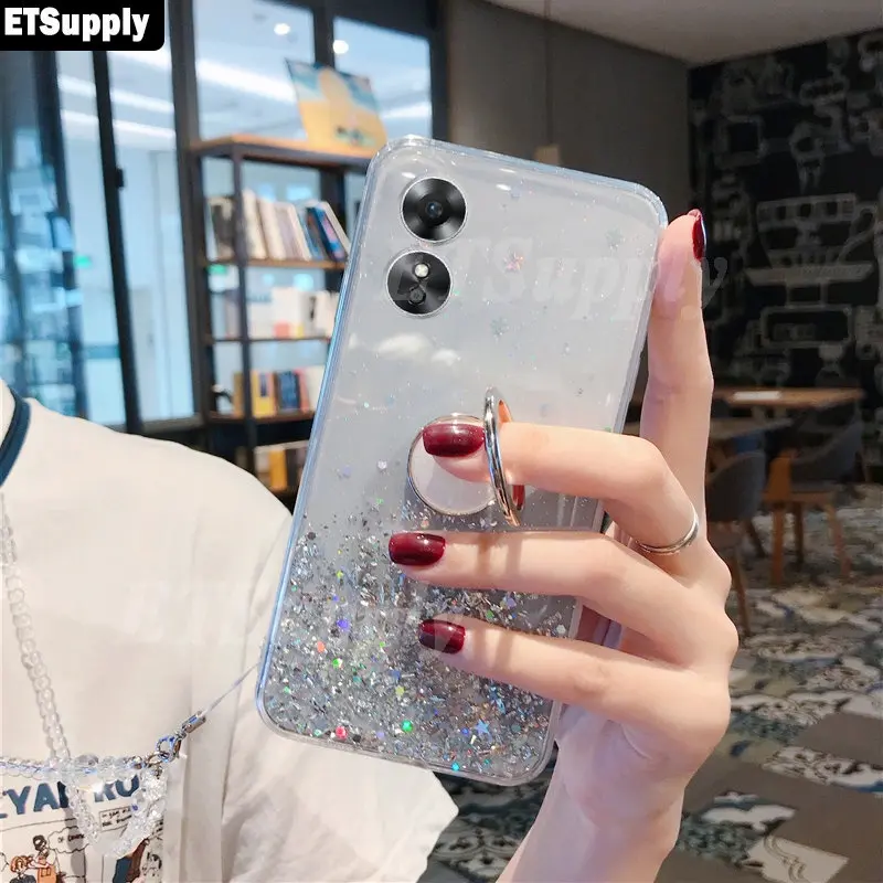 Case Oppo A17 A17K Clear Bening Motif Gliter Bling Bling Ring Standing Silikon Cover Casing Handphone 1