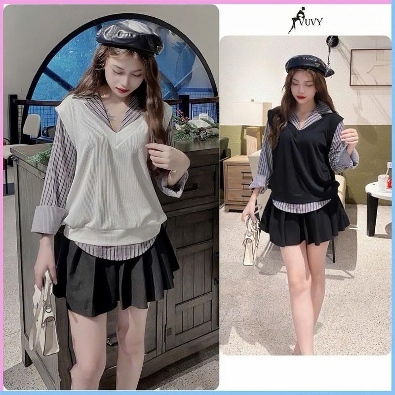 Áo thun nữ giả sơ mi kèm gile chất nỉ tăm form suông basic phong cách Hàn quốc Nhung Women AT79