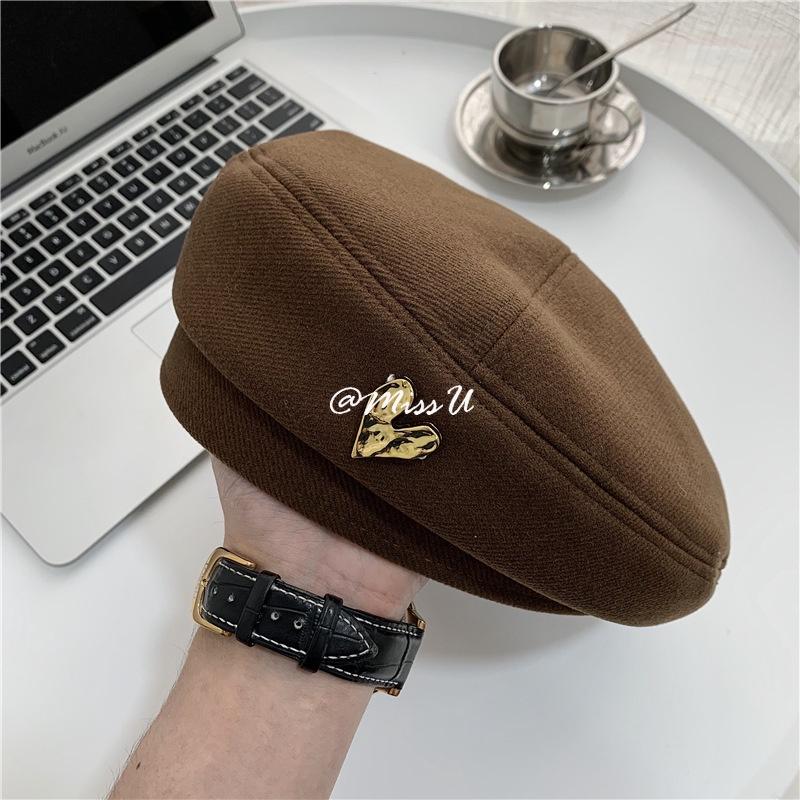 INS-Mũ Nồi Len Có Nhãn Trái Tim Cho Nữ, Mũ Nồi Trơn, Cho Mùa Thu Và Mùa Đông 3