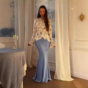 Baju Atasan Bunga Satin, Ketibaan Baru Musim Luruh, Gaya Bodycon Seksi, Skirt Ekor Ikan, Sut Fesyen