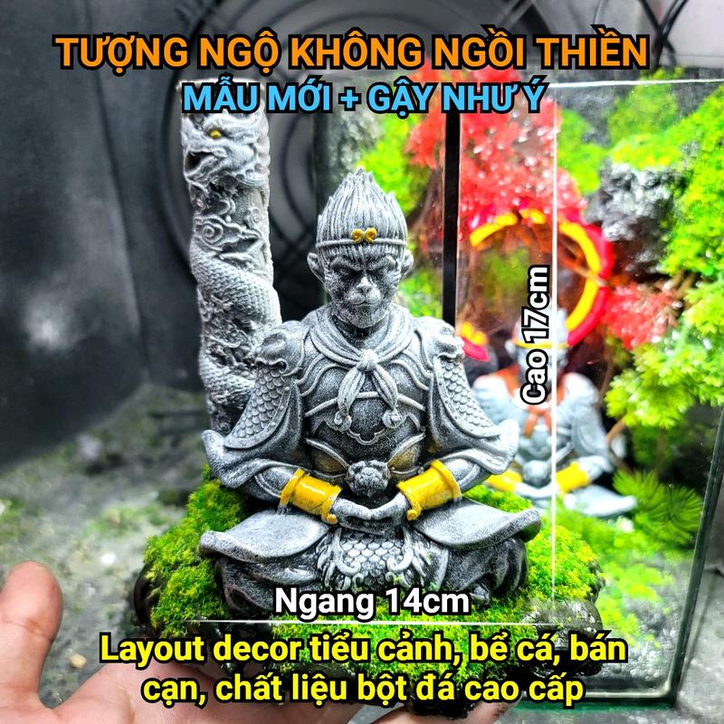 Tượng ngộ không ngồi thiền kèm gậy như ý, sử dụng làm trang trí tiểu cảnh bể cá, bể bán cạn, decor layout, chất liệu bột đá đúc bền lâu