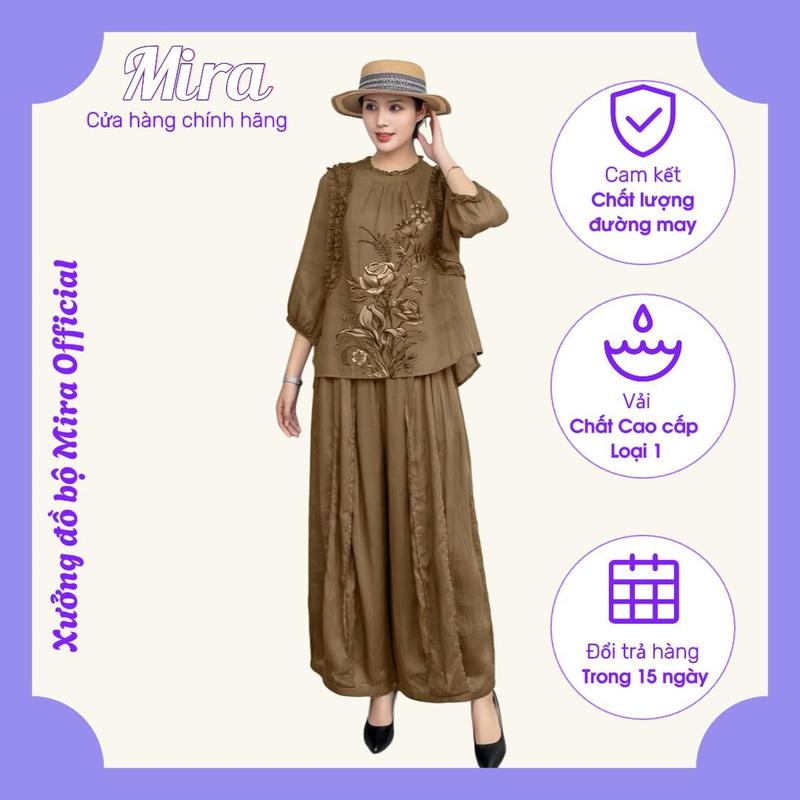 Bộ pháp phục phong cách trung niên tặng mẹ, tặng bà hoạ tiết in tinh tế truyền thống, chất liệu đũi nhật cao cấp Nữ Women Dress Áo Top Voi Jacket Nhung Quần xl đồng nâu 3