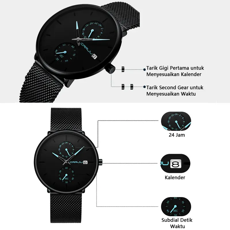 Jam Tangan Pria CRRJU Casual Quartz Analog Mewah Anti Air + Strap Mesh Stainless Steel Jam Tangan Cowok 2265 Watch 4