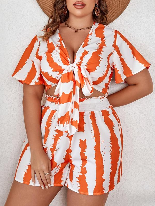 【Plus Size】Two-Piece Set Striped Print Knot Front Blouse & Paper Bag Waist Shorts Set, Casual Relaxed Short Sleeve Top & High Waist Shorts for Daily Wear, Women's Outfits for All Seasons 4