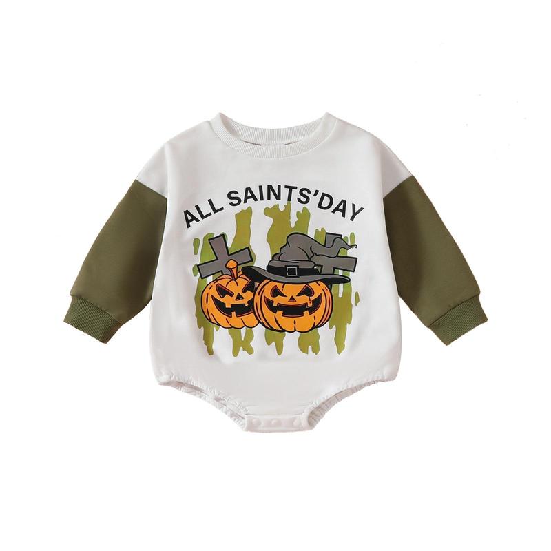 Product Introduction of Qinlisey Baby Girls Boys Sweatshirts Rompers Halloween Clothes Letter Pumpkin Print Contrast Color Long Sleeve Toddler Fall Bodysuits 32