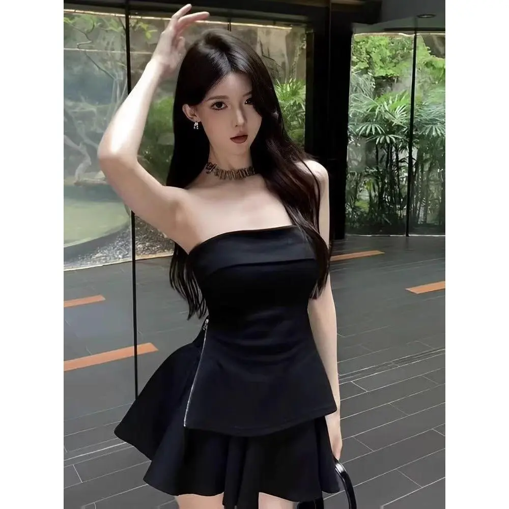 Tube Top One-Word Summer New Design Sense Niche Zipper Slim Fit Outerwear Top Hot Girl Split Sling Vest