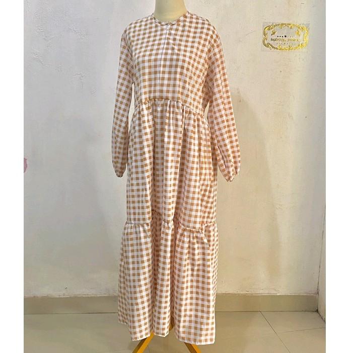 Zaina Dress Gamis Lebaran Kekinian Motif Kotak Kotak Gamis Busui Friendly OOTD Dressah Dress Kotak Kotak Katun Gamis Ied Dewasa Midi Muslim Wanita Mocca 5