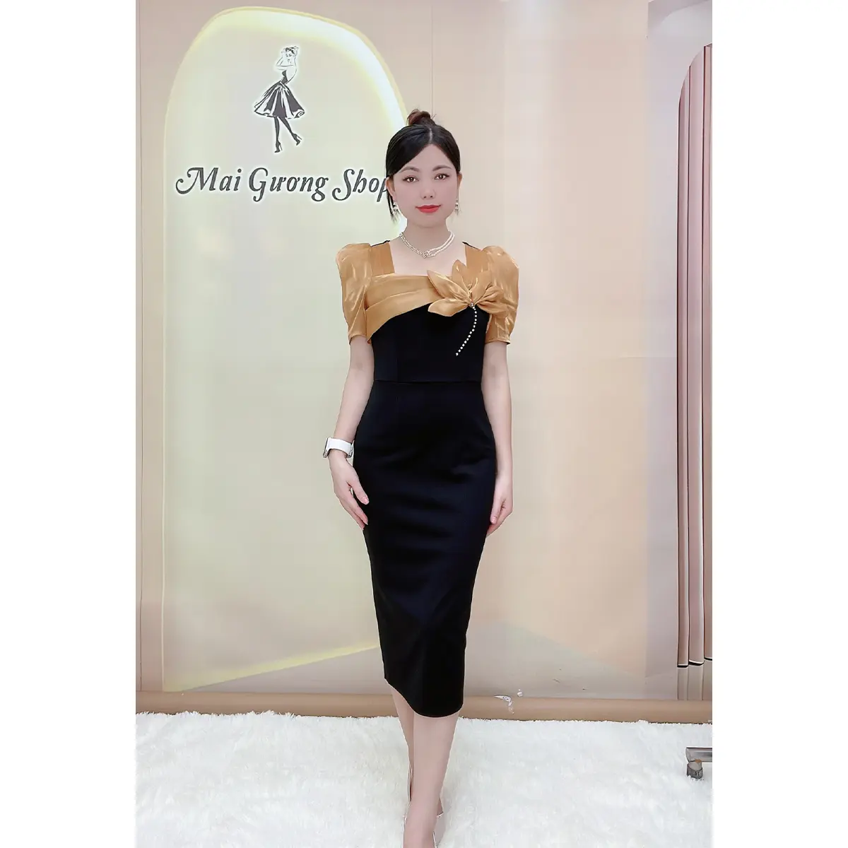 Mai Gương V3329 Váy Thiết Kế Công Sở Dự Tiệc Dáng Bút Chì Phối Voan Tơ Sang Trọng Women