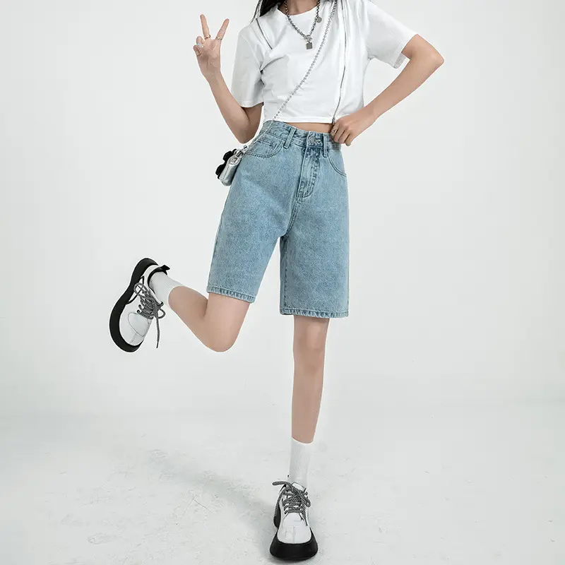 Celana Kaki Lebar Longgar Baru Musim Panas Celana Pendek Denim Pinggang Tinggi Celana Lurus Baru Pelajar Slim-Fit Wanita/Q043 5