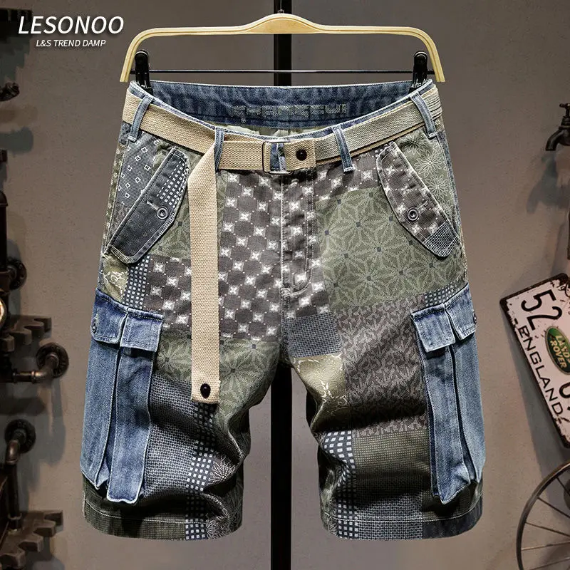 Hong Kong Style Denim Shorts for Men, Summer Loose Trendy Printed American Multi-Pocket Cargo Casual Five-Point Shorts, Men's Mid-Length Pants Orthotic