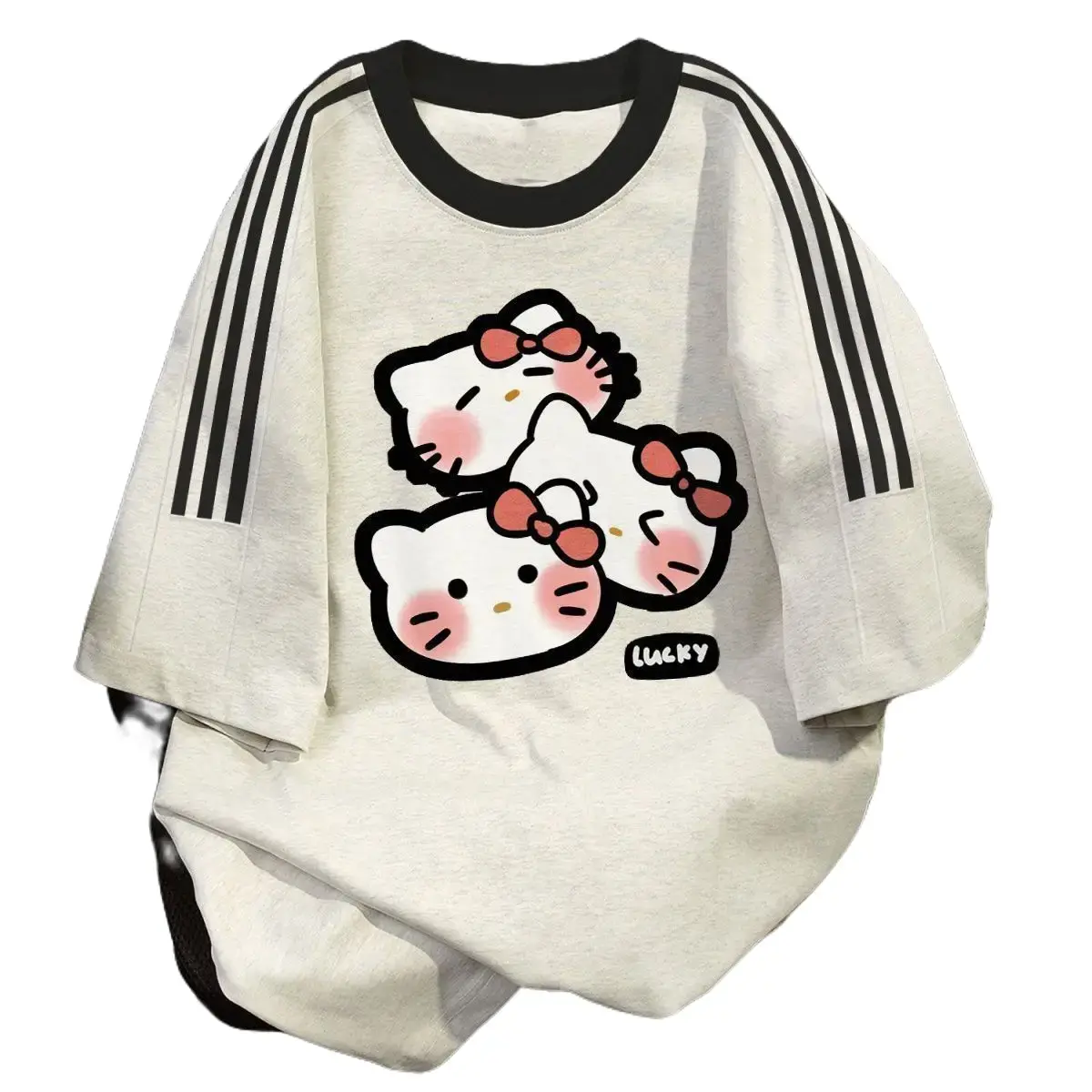 Áo Thun Raglan Mèo Kitty, Phong Cách Mỹ, Áo ngắn Tay Hợp Xu hướng Dành Cho Nữ, Dáng Rộng Vừa Vặn, Thường Ngày, Trẻ Trung, Áo Tay Lửng Phong Cách 2025 Mùa Hè Mớiáo kiểu cổ rộngcrop top