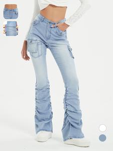 Women's Plain Ruched Flap Pocket Stacked Cargo Jeans, Casual Street Fashion Button Fly Flare Leg Denim Pants for Daily Wear, Ladies Bottoms for All Seasons