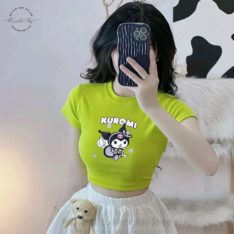 Áo Croptop Borip Ôm Body Nữ Form Basic Cổ Tròn Tay Ngắn In Hình Kuromi02, MLS243, Women Sò Sen Hoa Sen Dáng Ngắn Thun Trắng 6