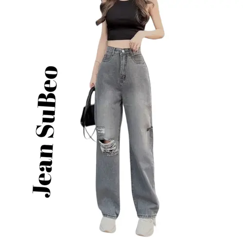 (95-103cm) QUẦN JEAN SUÔNG RÁCH GỐI MÀU XÁM KHÓI BỤI Nữ Women Pants