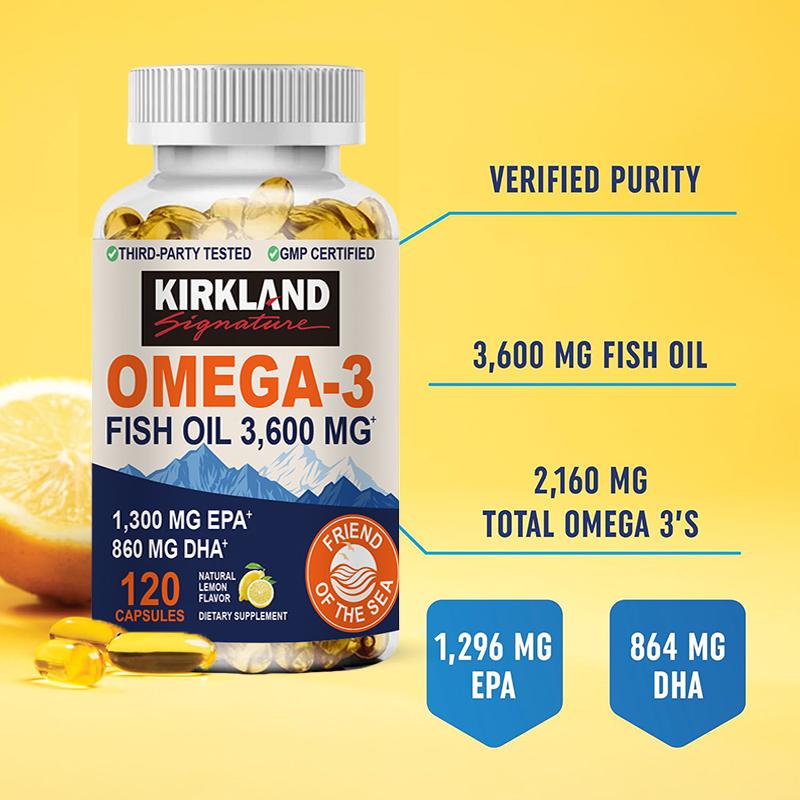  Viên nang dầu cá KIRKLAND Omega 3 3600 mg | EPA & DHA | Hơn 2100 mg Axit béo Omega-3 | 1300 mg EPA + 860 mg DHA | Axit béo thiết yếu tối ưu | 