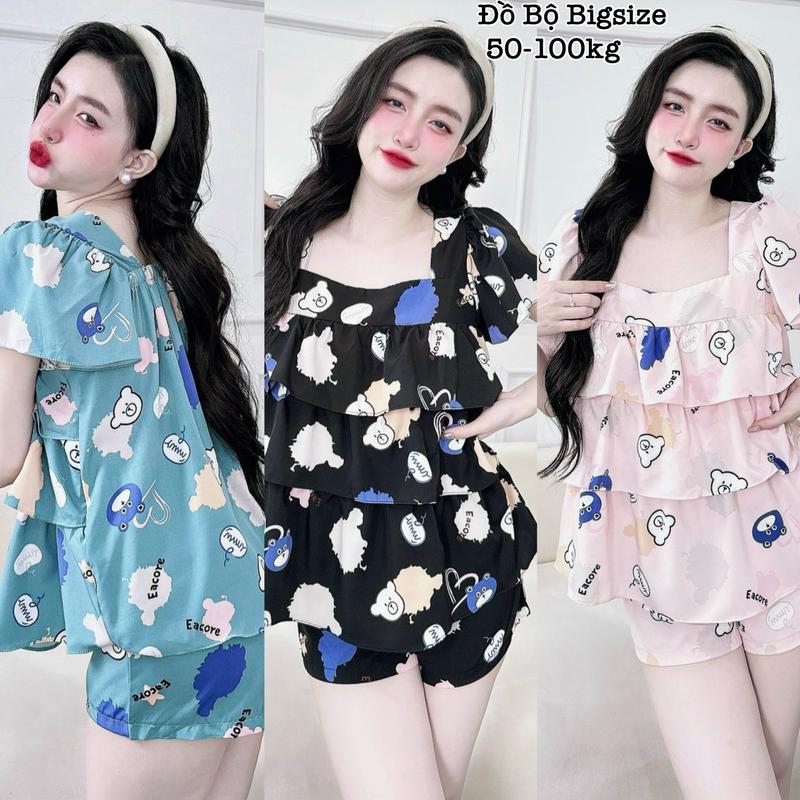 Đồ Bộ Pijama Nữ -Bộ đồ Ngủ Đùi Bigsize Én Nhỏ Nữ Mặc Nhà Đẹp Đùi Tầng Lụa Nhật Cổ Vuông Dễ Thương Xinh Đẹp Cao Cấp Đủ size 50-100kg ennhocobigsize Nhung Loang Women Áo - 2234