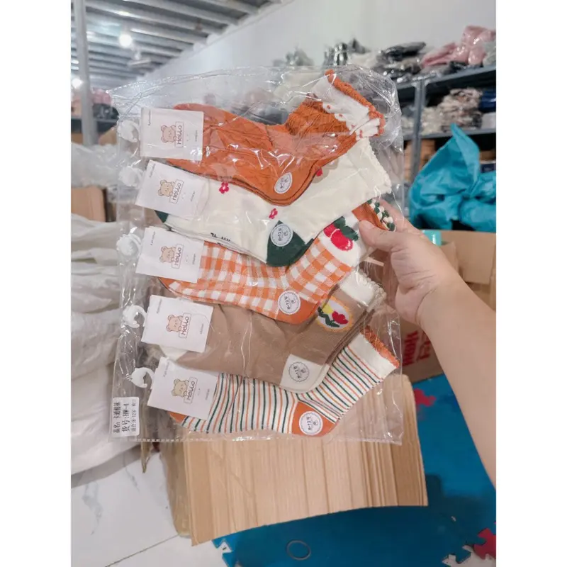 Set 10 Đôi Tất Trẻ Em Cotton Cổ Cao Tone Cam Phối Họa Tiết Gấu, Hoa Quả te44 kakaxi 7