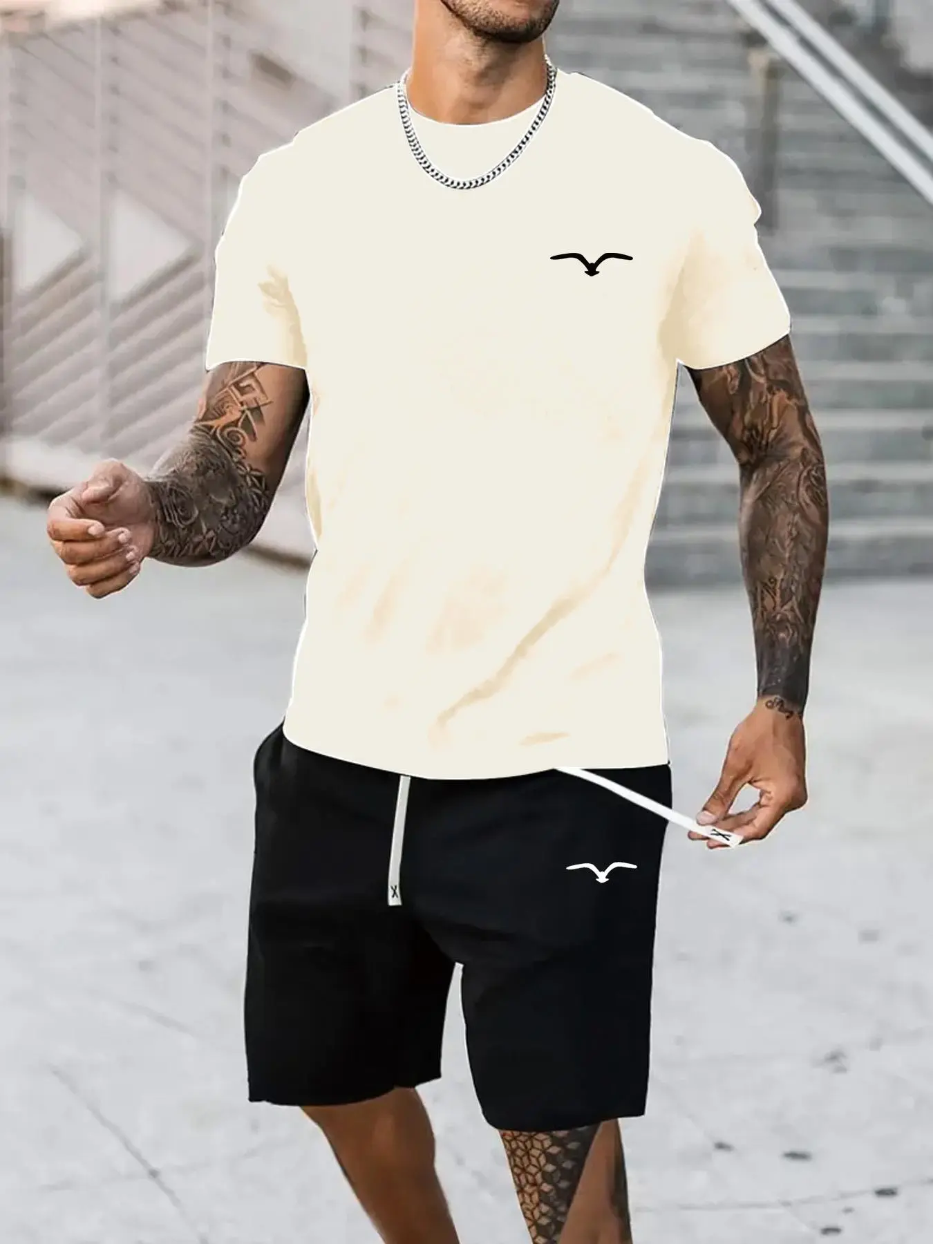 Two-Piece Set Men's Letter Print Tee & Shorts Set, Regular Fit Casual Short Sleeve T-shirt & Track Shorts, Summer Clothes Set for Men