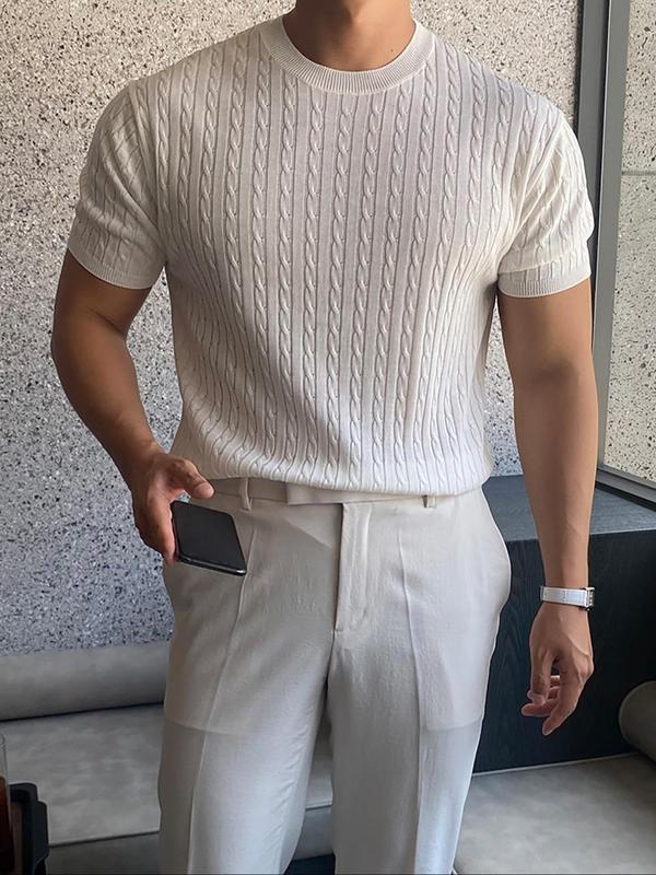 Men's Slim Textured Round Neck Cable Knit Top, Casual Short Sleeve Knitwear for Summer, Menswear for Daily Wear 1