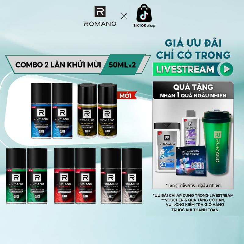   ĐỘC QUYỀN KOC   MUA 2 ĐƯỢC 3  Combo 2 Lăn khử mùi Dưỡng Thể cho nam kháng khuẩn & khô thoáng cả ngày Romano 50ml chai - 5 Mùi Hương Có Sẵn 