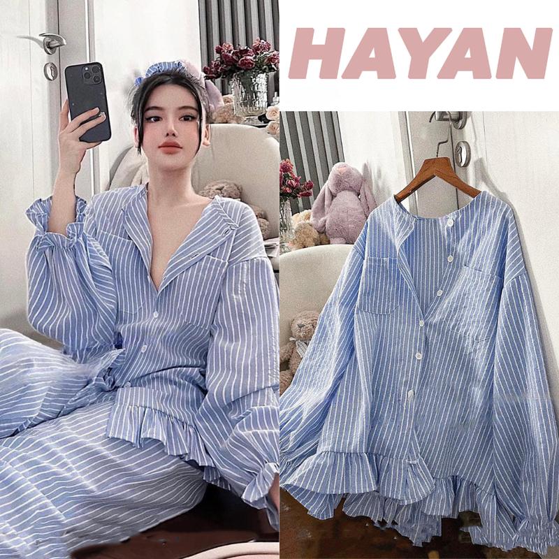 HT7043a Bộ pijama thô đũi tiểu thư cổ tàu sọc kẻ hihot đồ ngủ bánh bèo dáng dài tôn dáng HT7043a