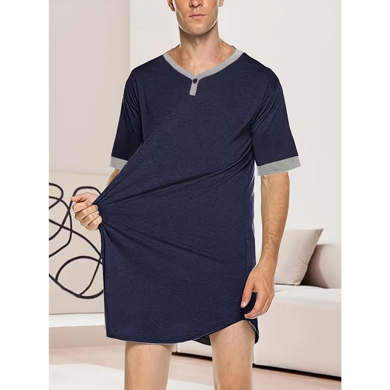 Men's Nightshirt - Short Sleeve V-Neck Nightgown, Loose Fit, Soft Lightweight Sleep Shirt For Comfortable Nightwear