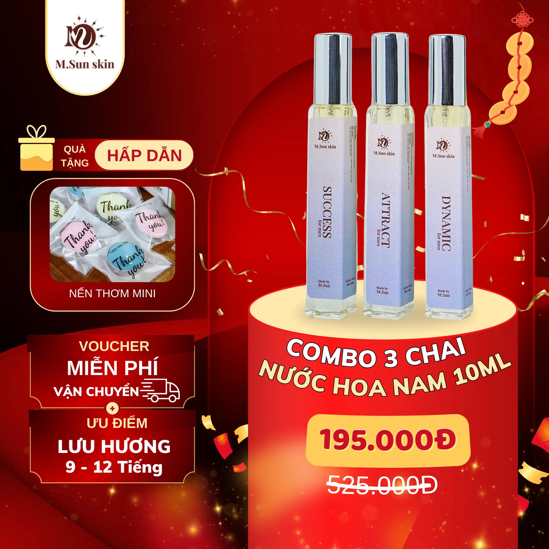 COMBO 3 chai Nước Hoa Nam - M.Sun skin - Lưu hương 9 - 12 Tiếng (Perfume Men)