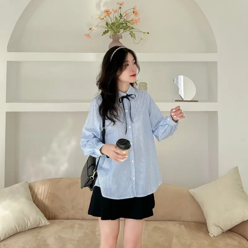 | Tặng kèm nơ | Sơ mi nữ chất liệu oxford kẻ sọc tay bồng xếp ly ngực (Sơ mi Tiên) 0