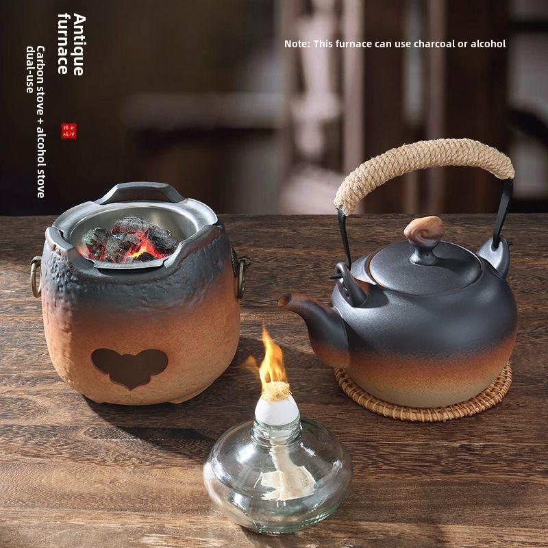 Bếp đốt trà sôi và trà rang, thích hợp để cắm trại, tụ tập, sưởi ấm, lửa than, bếp than ngoài trời, nồi gốm, bộ nồi trà, để sử dụng trong gia đình Camping 1