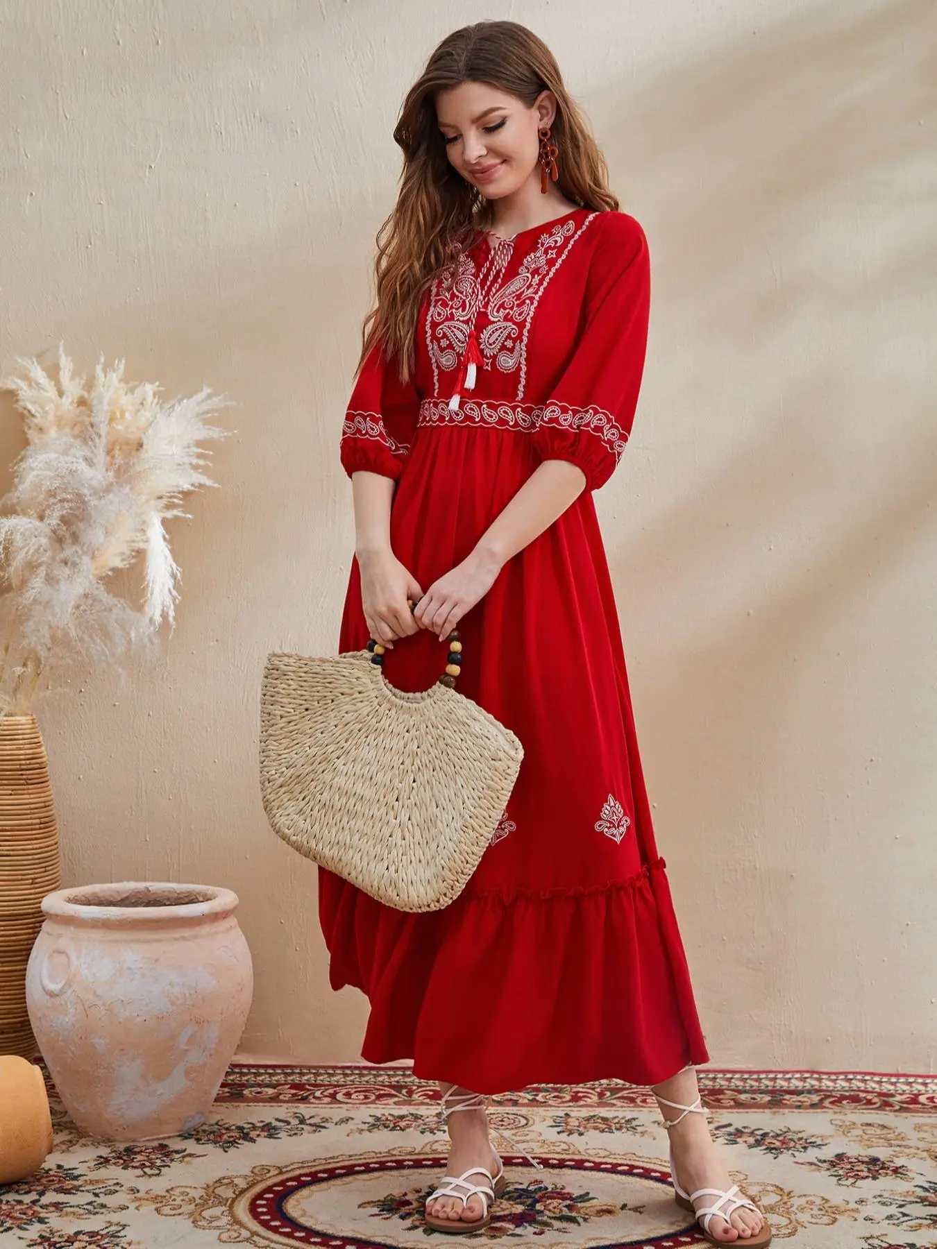 Women's Paisley Print Ruffle Hem Dress, Boho Tassel Decor Tie Neck Dress, Ladies Clothes for Beach Holiday Vacation, Dresses for Women, Summer Dresses