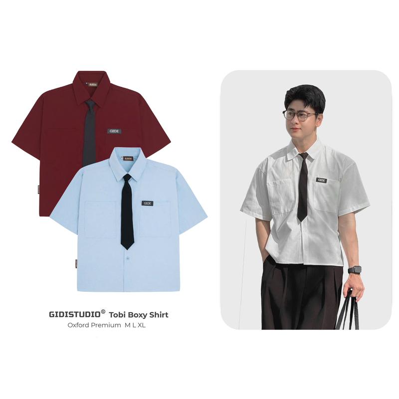 Áo sơ mi TOBI Tay lỡ có túi tặng kèm Cà Vạt Nam Nữ Unisex màu 5 màu Hot trend Form BOXY - vải Oxford dày dặn, thoáng mát