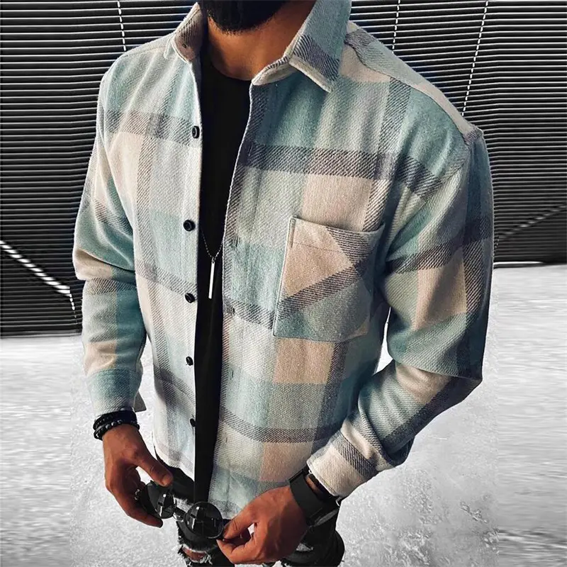 Cross-Border European and American New 2025 Spring and Autumn Long Sleeve Blue and White Plaid Long Sleeve Shirt Casual Stand Collar Pocket Shirt for Men Menswear Top Checked Wetsuit 6