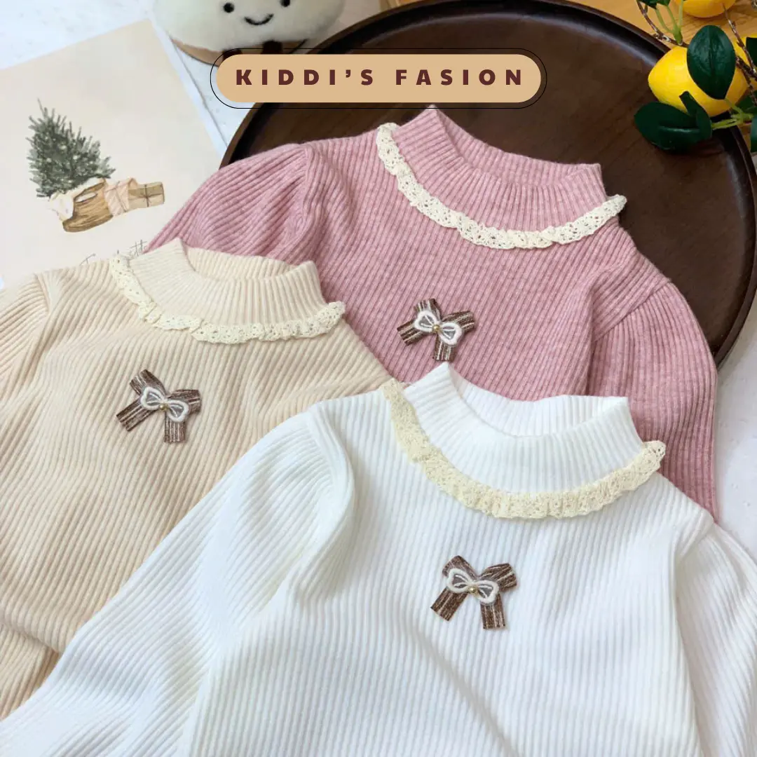 Áo giữ nhiệt tăm len ren cổ gắn nơ xinh xăn cho bé gái K24AGNG12