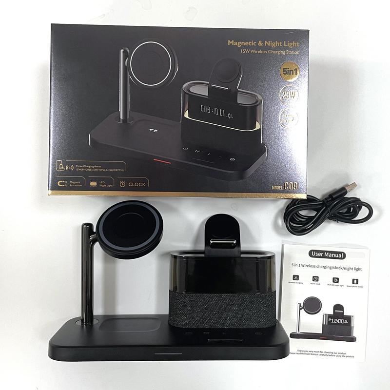 Product Introduction of 5-in-1 Wireless Charger for Smartphone, Wireless Multifunctional Charger with Clock, Magnetic Electronic Digital Wireless Charger Stand for iPhone 14 Pro Max, Apple Watch Series & Airpods, Gift for Mum, Men Gifts 4